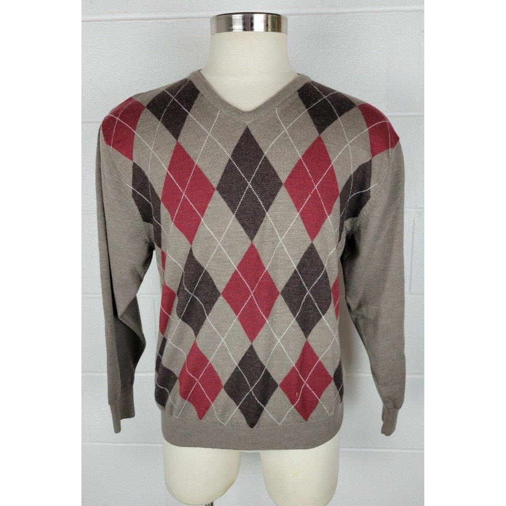 Mens Pendleton‎ Brown Red Argyle Merino Wool V Neck Sweater L